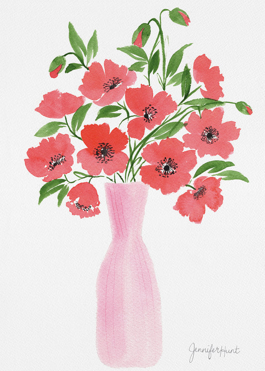 Red Poppies Pink Vase Artprint