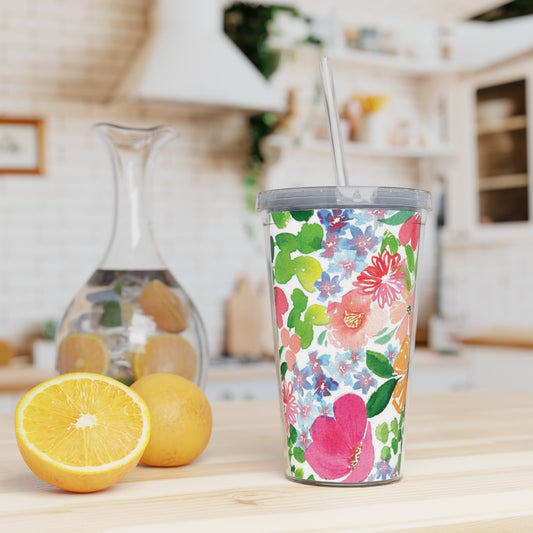 Happy Florals Plastic Tumbler with Straw